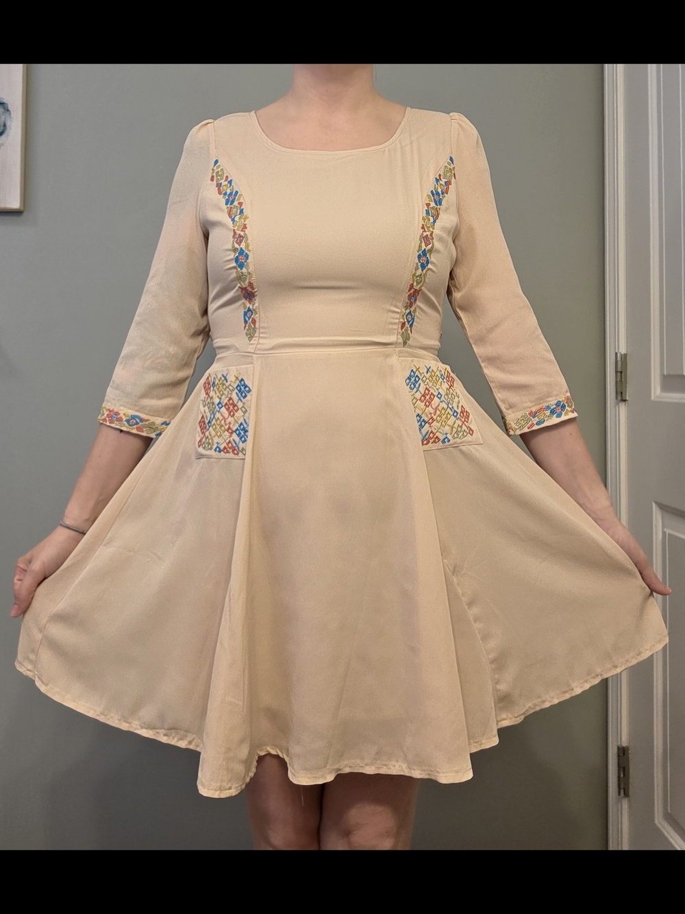 Cutie brand Beige Embroidered Pocket Dress